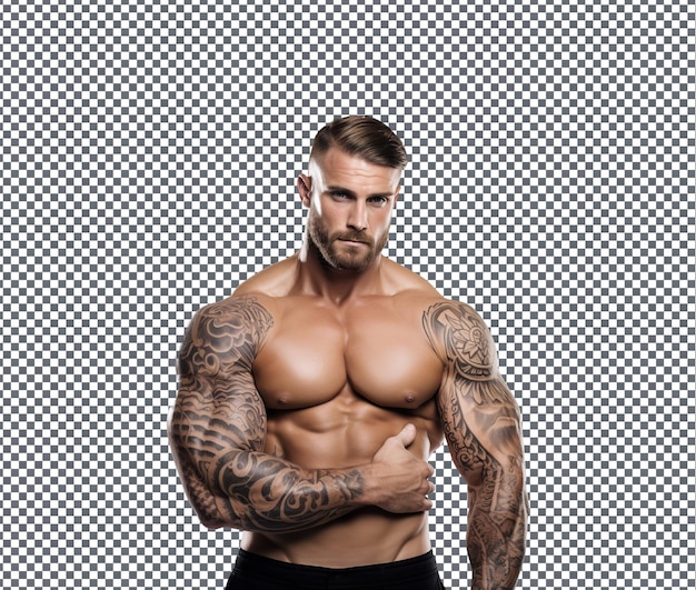 Prächtiger, mächtiger, stilvoller Bodybuilder, isoliert auf durchsichtigem Hintergrund.