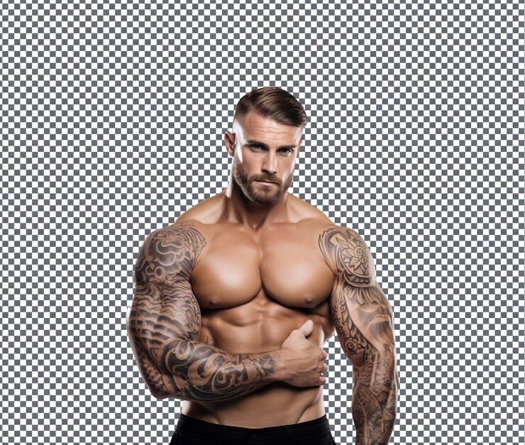PSD prächtiger, mächtiger, stilvoller bodybuilder, isoliert auf durchsichtigem hintergrund.