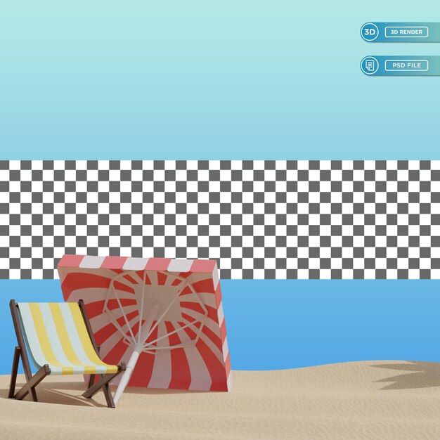 PSD praia com cadeira e guarda-sol ilustração 3d psd premium