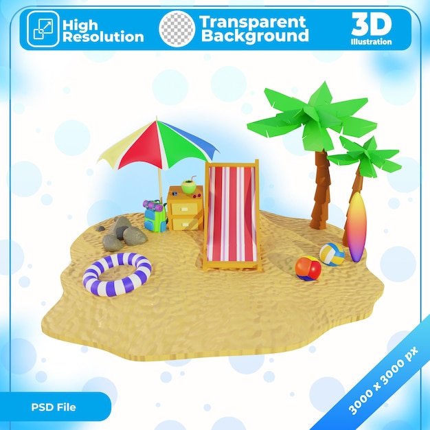 PSD praia de areia de ilustração 3d no verão