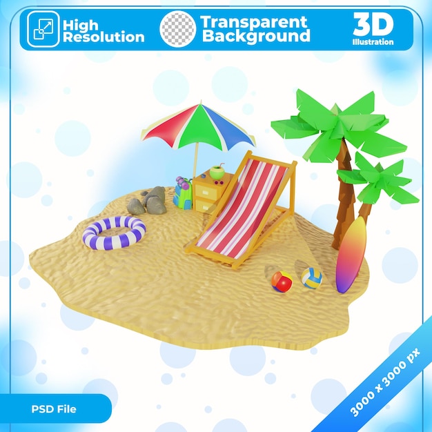 PSD praia de areia de ilustração 3d no verão