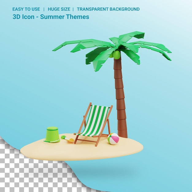 PSD praia de verão 3d render ilustração com fundo transparente