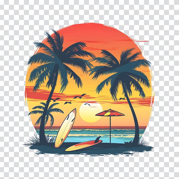 PSD praia pôr-do-sol arte vetor árvore de palmeira férias decalque pôr- do-sol clipart praia tema de design de camisa