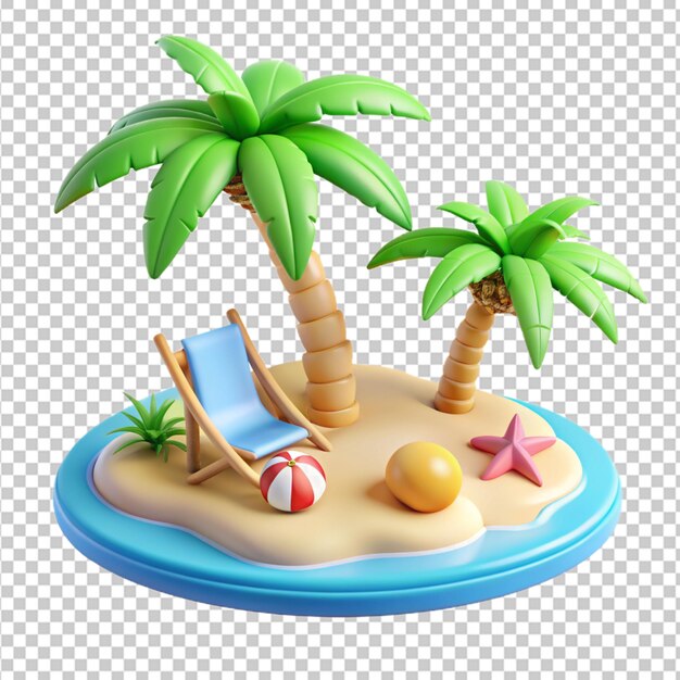 PSD praia tropical 3d com acessórios de banho de sol de verão fundo transparente