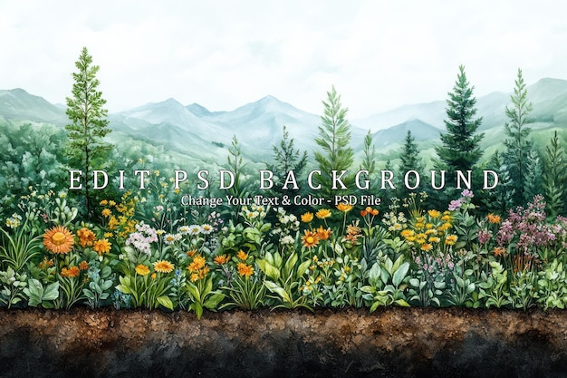 Une prairie animée avec des fleurs sauvages en fleurs et des arbres au premier plan sur fond de montagnes brumeuses