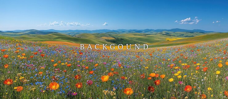 PSD une prairie de fleurs sauvages avec des collines au loin.