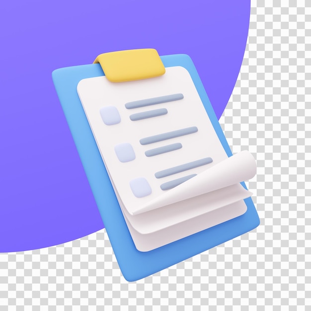 Prancheta de papel de relatório 3D Papel de nota para notas de lista de verificação Ilustração 3D com traçado de recorte