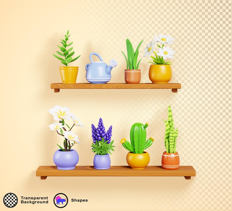 PSD prateleiras de madeira 3d com plantas de casa em vasos em fundo de parede amarelo jardim doméstico de plantas verdes tropicais cactus e plumeria em prateleira pendurada elementos de design de interiores de loja de flores