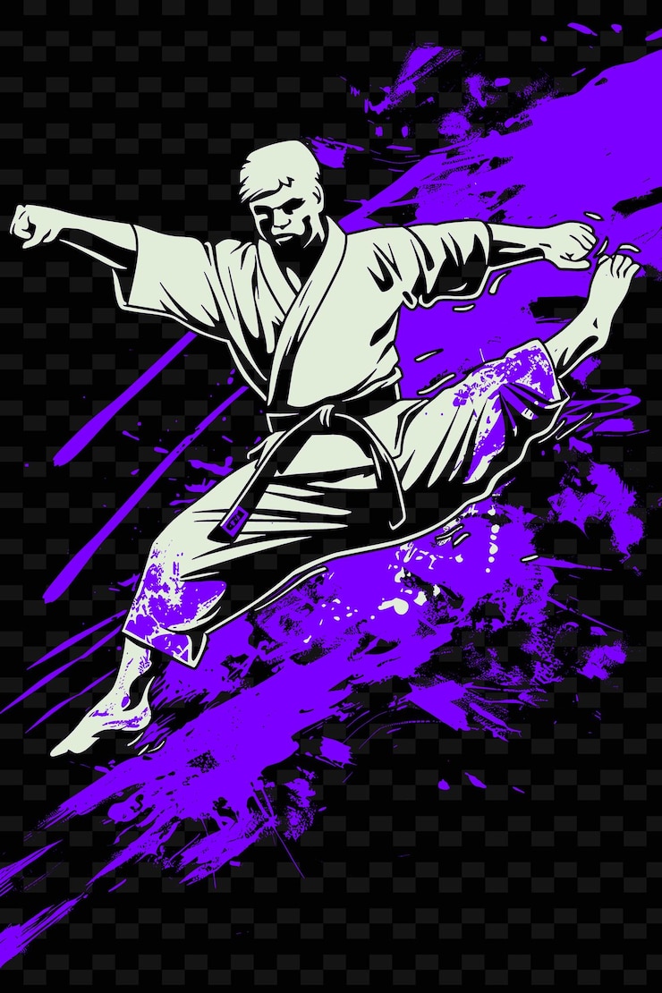 PSD praticante de karatê executando um chute voador com uma ilustração impressionante flat 2d sport backgroundg