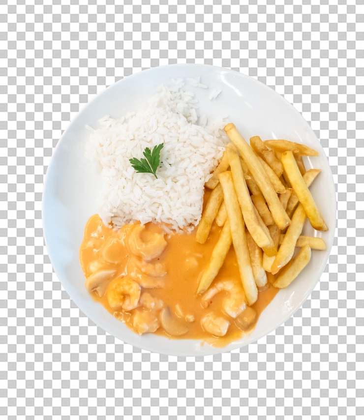 PSD prato de comida com strogonoff e arroz e batata frita fundo transparente png