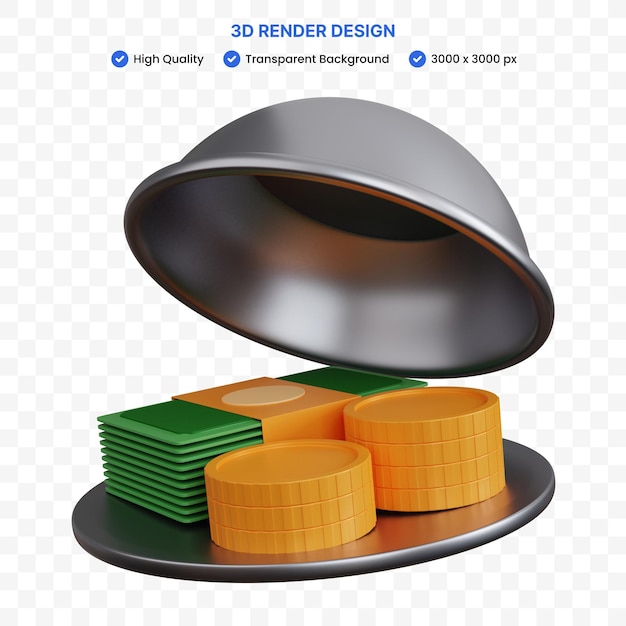 Prato de comida de renderização 3d com dinheiro isolado