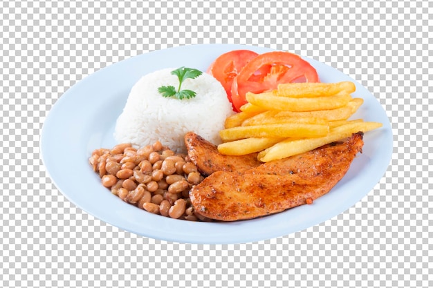 PSD prato de comida tradicional com arroz de frango frito com feijão e batatas fritas png fundo transparente