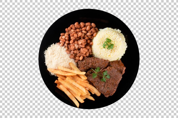 PSD prato de comida tradicional feijão arroz carne e batata frita vista superior png fundo transparente