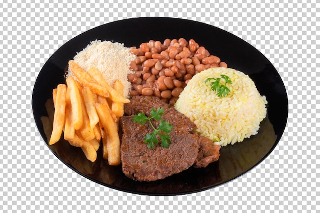 Prato de comida tradicional Feijão arroz carne e batata frita vista superior png fundo transparente