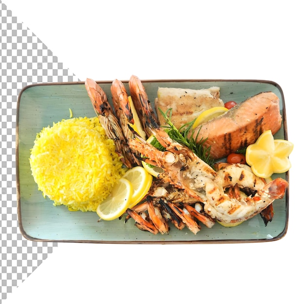 Prato de frutos do mar grelhados com arroz e limão