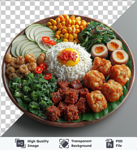 Prato de imagem psd transparente de gado gado para o eid al fitr com uma variedade de alimentos, incluindo arroz branco verde e pepinos cortados e um ovo branco