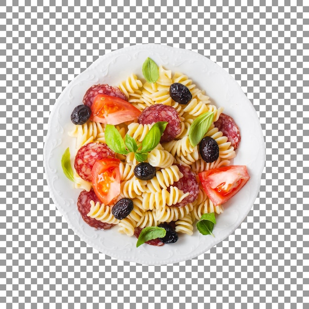 Prato de macarrão com tomate e azeitonas em fundo transparente