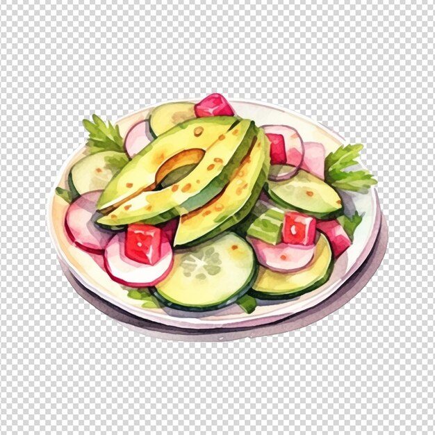 Prato_de salada de abacate com pepino e rabanete em fundo transparente