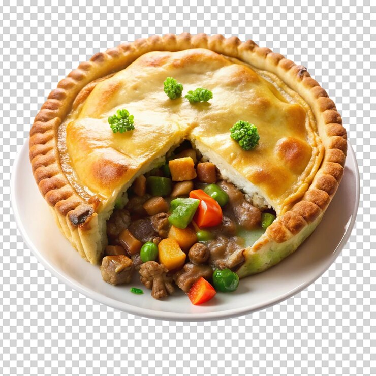 PSD prato de torta de carne isolada de fundo branco