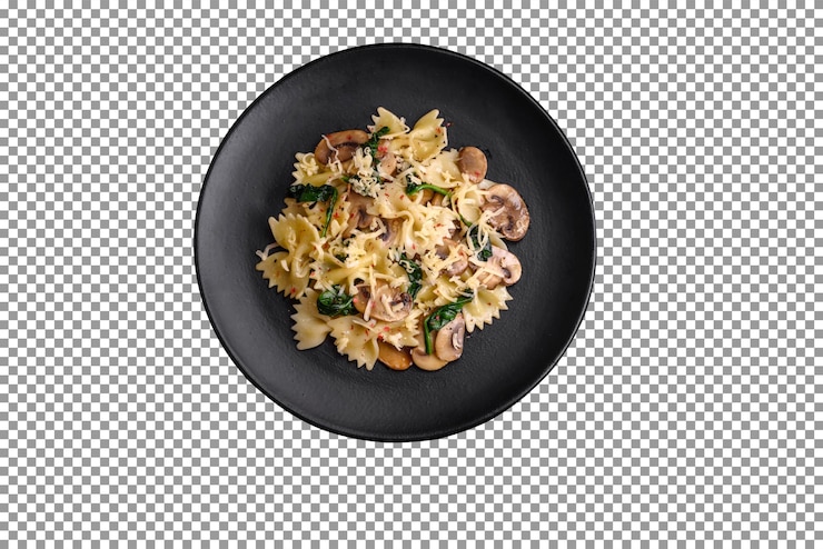 PSD prato psd de macarrão com cogumelos e espinafre em fundo isolado e transparente