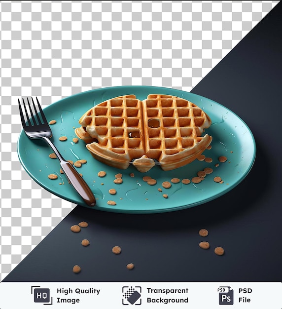 Prato psd transparente de alta qualidade de waffles e xarope em uma mesa azul acompanhado por um garfo de prata