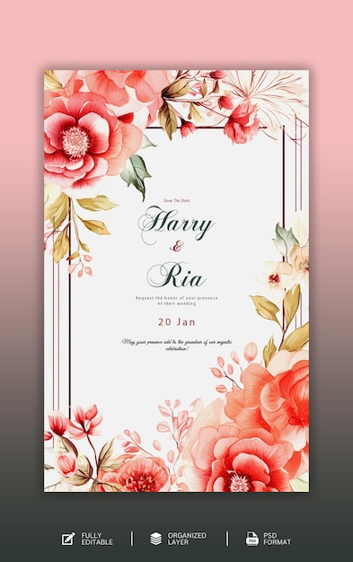 PSD preciosa plantilla de tarjetas de invitación florales de boda dibujadas a mano