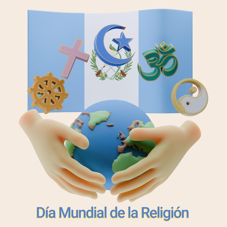 PSD preciosas reproducciones en 3d del día mundial de las religiones escritas en los idiomas de guatemala
