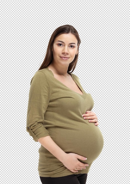 Pregnant woman posing holding her belly