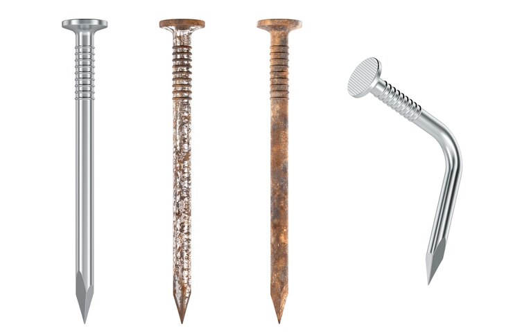 PSD pregos de aço novos pregos enferrujados corroídos velhos pregos enferrucados e pregos de metal curvos renderização 3d isolados em fundo transparente