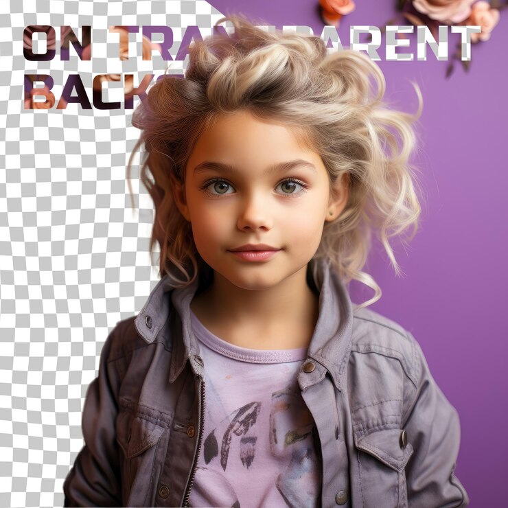 PSD preguntas curiosas de niños en edad preescolar realidad rubia artista del sudeste asiático en postura inclinada pastel fondo de lavanda