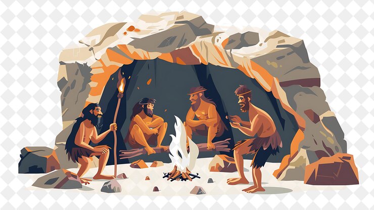 PSD prehistoric cave with caveman characters having a fire makin people life style flat illustration