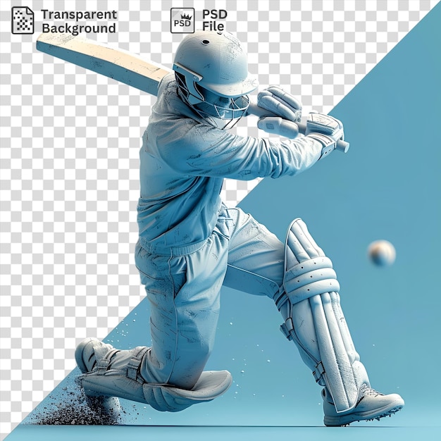 PSD premier joueur de cricket 3d frappant un six avec une batte de baseball blanche portant un casque blanc et un pantalon bleu contre un ciel bleu clair avec une jambe bleue visible au premier plan