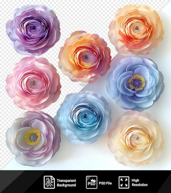 PSD première de ranunculus pastel doux avec des couches en spirale mis isolé sur le fond transparent de vue supérieure entouré d'une variété de fleurs colorées, y compris rose bleu jaune et rose et png psd