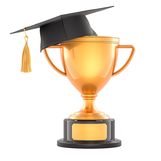 Premio de la copa de trofeo de oro con gorra de graduación renderizado en 3D aislado sobre un fondo transparente