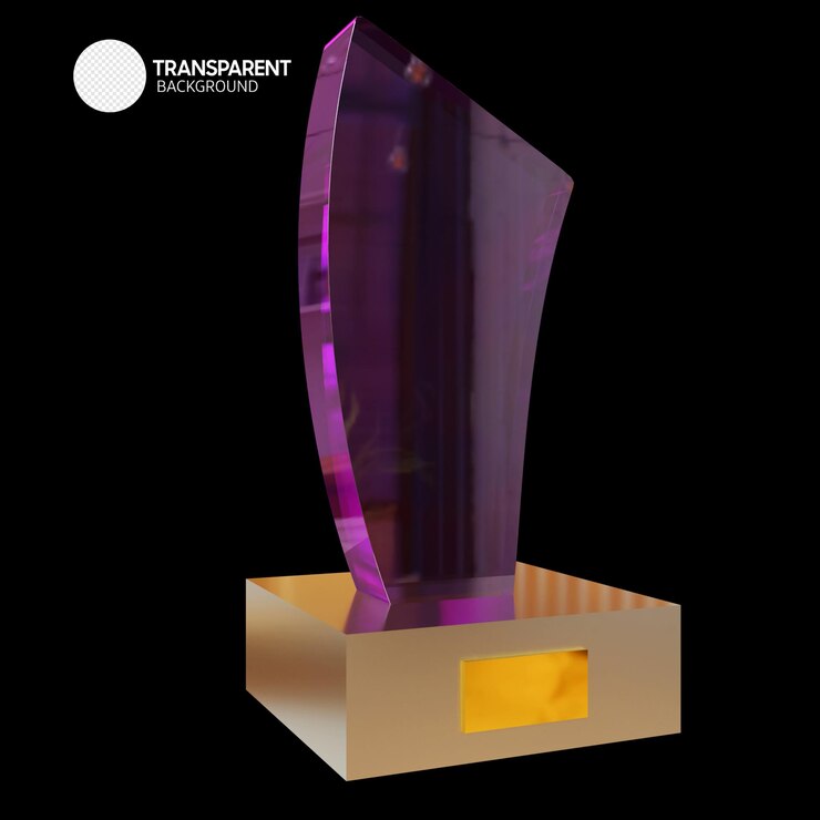 PSD un premio de cristal morado con la palabra transparente.