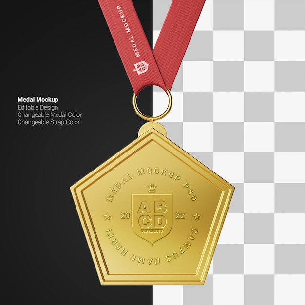 Prêmio de conquista medalhão de metal dourado em forma de pentágono com maquete de logotipo editável de alça