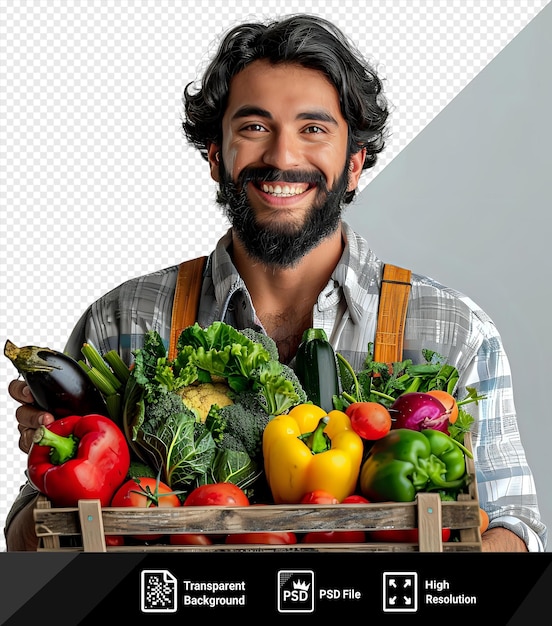 PSD prêmio de maquete de um fazendeiro sorrindo e segurando uma caixa de vegetais, incluindo pimentas vermelhas e amarelas, um pepino verde e uma caixa de madeira com uma alça marrom visível em png