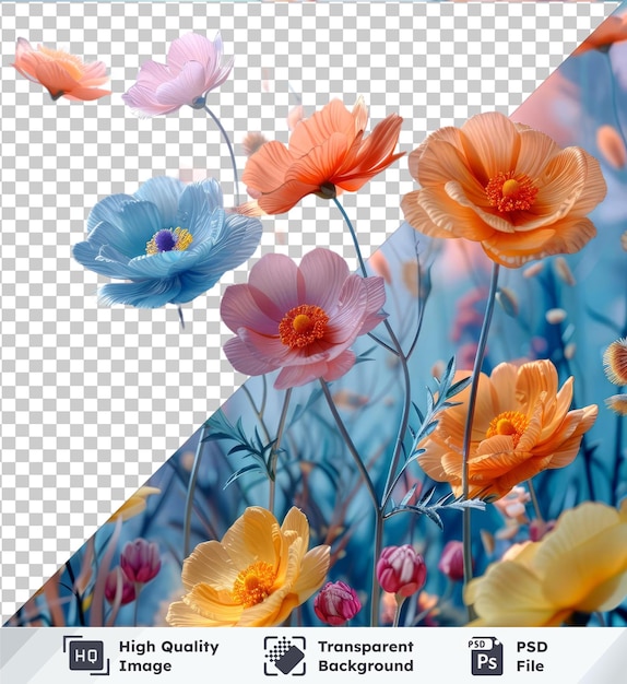 PSD prêmio de venda de flores de primavera com flores laranja, amarelo, rosa e azul