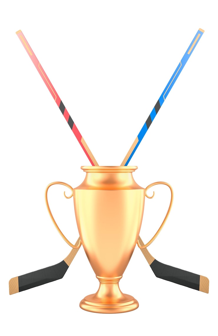PSD premio della coppa d'oro con bastoni da hockey su ghiaccio rendering 3d isolato su sfondo trasparente