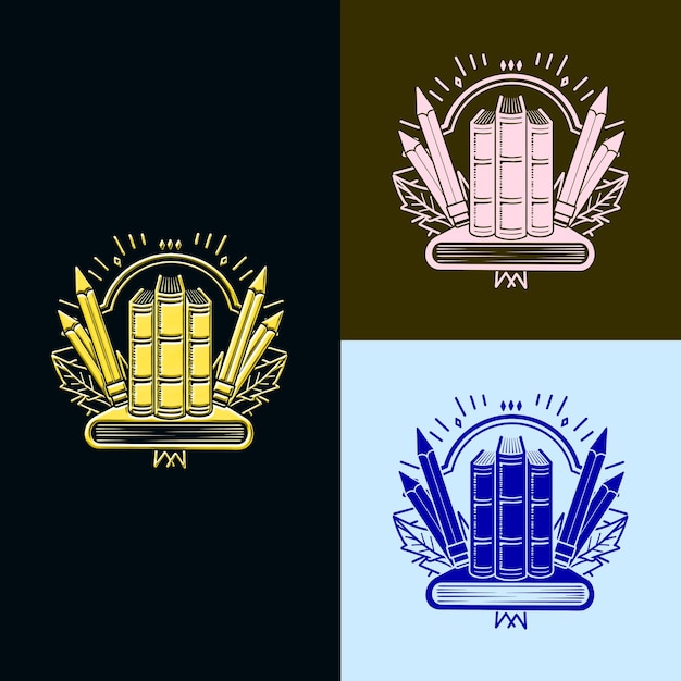 Premio de Educación y Aprendizaje Logotipo de insignia con libro y lápiz Diseños vectoriales creativos y únicos