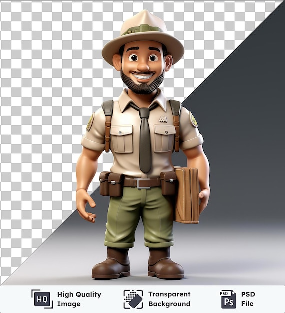 PSD premium de 3d park ranger dibujos animados patrullando un entorno temático de parque nacional con un sombrero marrón corbata negra y cinturón marrón con un juguete y pantalones verdes en el fondo