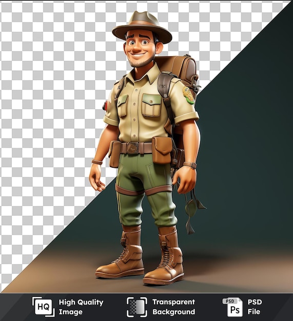 PSD premium de 3d park ranger dibujos animados patrullando un entorno temático de parque nacional con un sombrero marrón pantalones verdes y botas marrones con un juguete cerca y una mano visible en primer plano