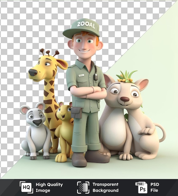 PSD premium de 3d zookeeper dibujos animados cuidado de animales exóticos una jirafa amarilla un juguete blanco y una nariz marrón