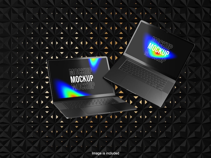 PSD premium acentos de oro dos computadoras portátiles con fondo de lujo abstracto