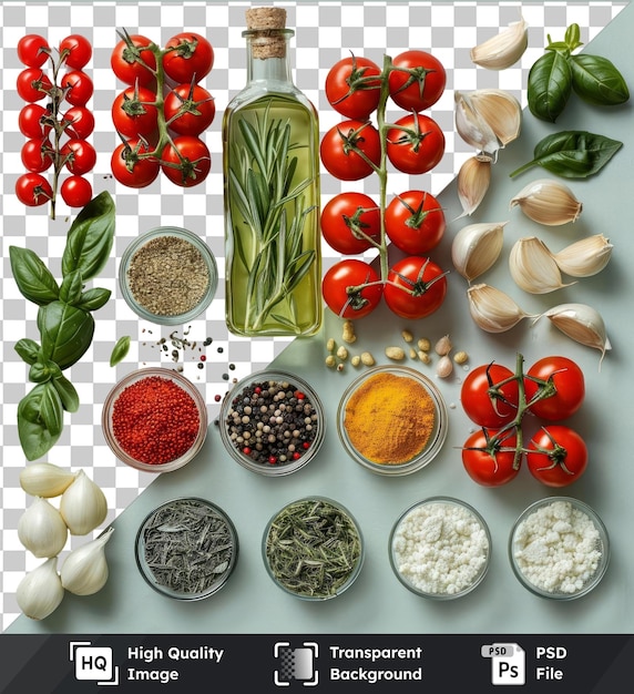 PSD premium de alta calidad psd gourmet ingredientes de cocina vegano establecido en un fondo transparente incluyendo tomates rojos ajo blanco y una botella de vidrio