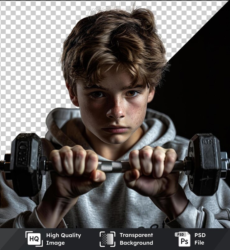 PSD premium de alta calidad psd joven adolescente haciendo ejercicio con pesas aisladas en fondo negro