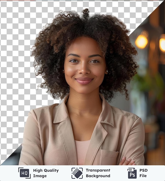 PSD premium de alta calidad psd mujer empresaria afro chica de negocios sonriendo a la cámara cruzando las manos copiar espacio aislado en fondo aislado