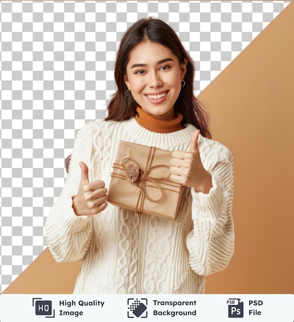 Premium de alta calidad psd mujer feliz en suéter blanco con caja de regalo mostrando el pulgar hacia arriba de pie frente a una pared con cabello marrón y un ojo marrón y sosteniendo una mano