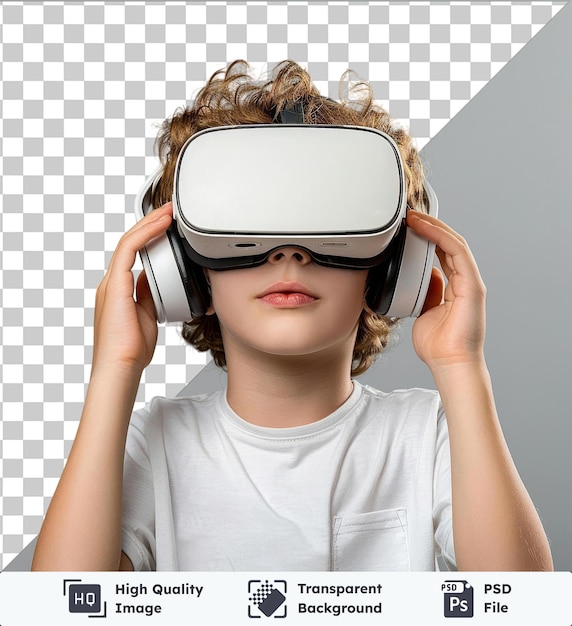 PSD premium de alta calidad psd niño que usa gafas vr con auriculares medio tiro de niño adolescente que usa y toca auriculares de realidad virtual mientras lleva una camisa blanca y cabello marrón con un blanco