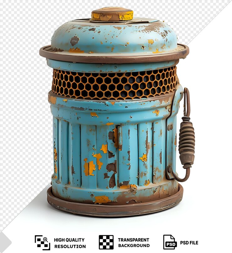 PSD premium de apicultores fotográficos realistas fumador de abejas en un fondo aislado con una parte superior azul y un agujero marrón